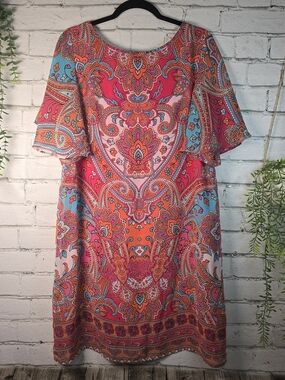 AGB SHIFT DRESS FLUTTER SLEEVE PINK ORANGE PAISLEY GEOMETRIC BOHO WOMENS 14